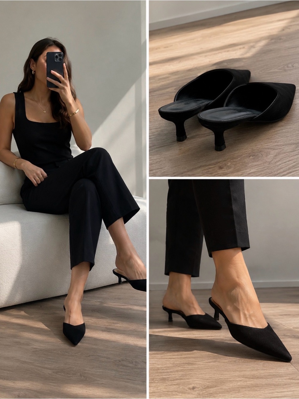 Reformation Black Pointed Toe Kitten Heel Mules – Size 8